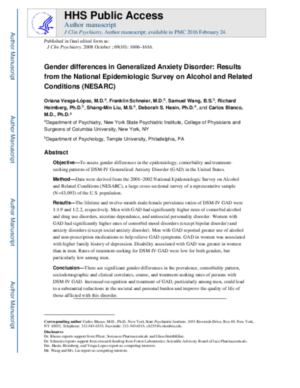 (PDF) Gender Differences in Generalized Anxiety Disorder