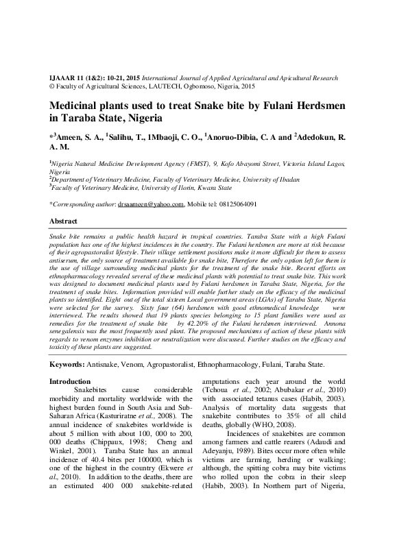 (PDF) Medicinal plants used to treat Snake bite by Fulani Herdsmen in ...