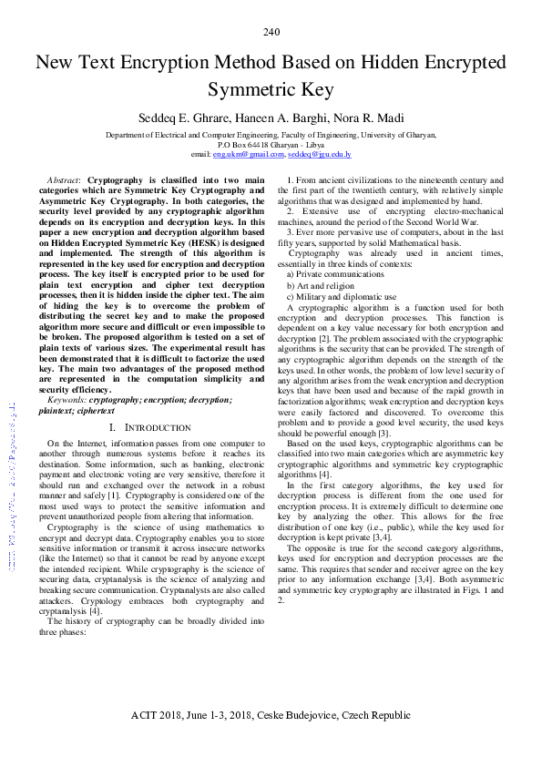 (PDF) New Text Encryption Method Based on Hidden Encrypted Symmetric Key