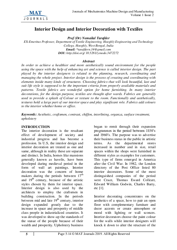 (PDF) Interior Design and Interior Decoration with Textiles