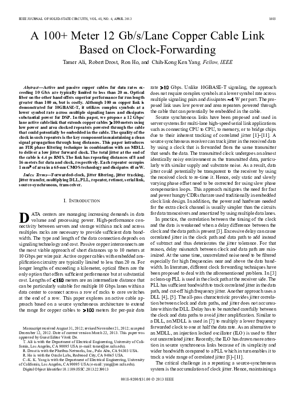 (PDF) A 100+ Meter 12 Gb/s/Lane Copper Cable Link Based on Clock-Forwarding