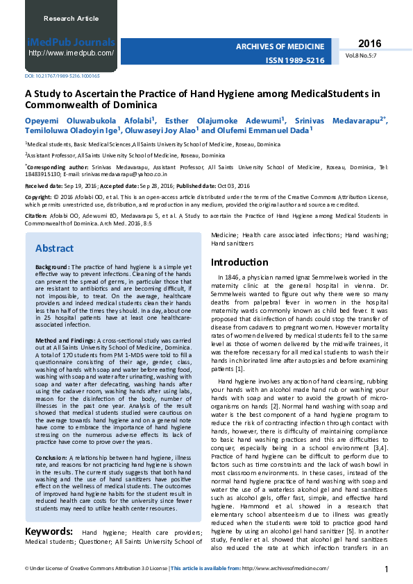 (PDF) A Study to Ascertain the Practice of Hand Hygiene among ...