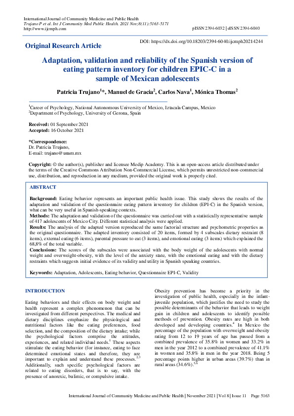 (PDF) Adaptation, validation and reliability of the Spanish version of ...