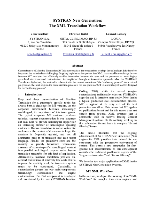 (PDF) SYSTRAN new generation: the XML translation workflow