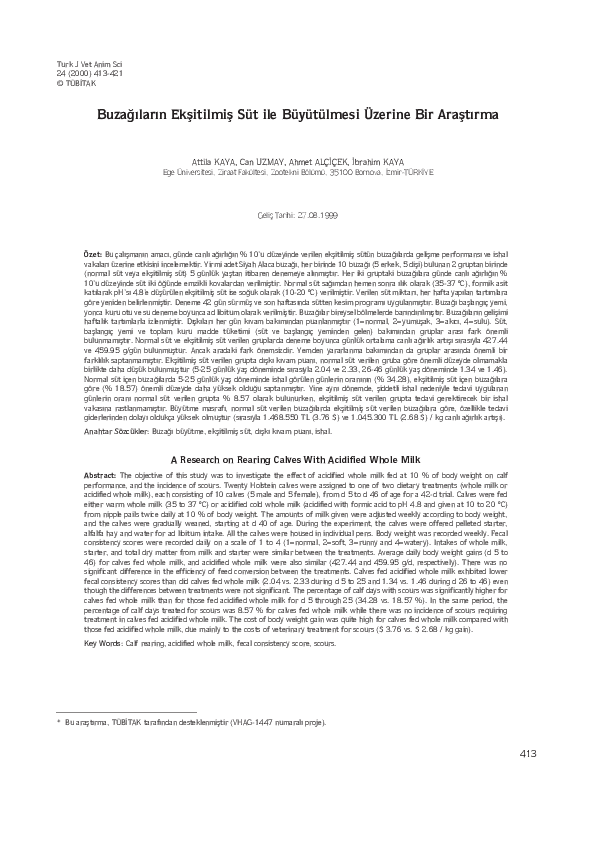 (PDF) A Research on Rearing Calves With Acidified Whole Milk
