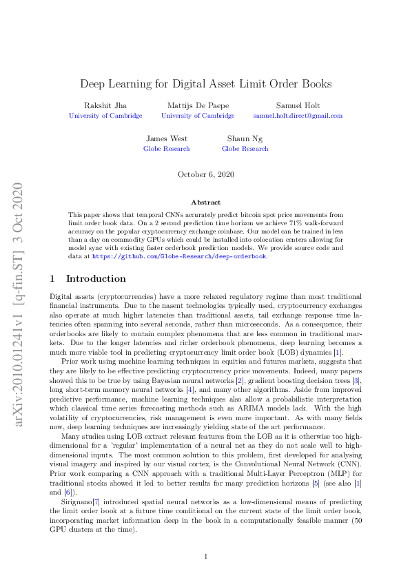 (PDF) Deep Learning for Digital Asset Limit Order Books