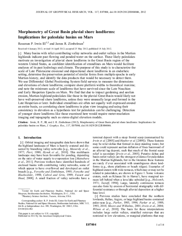 (PDF) Shore Landform Morphometry: Mars Paleolakes