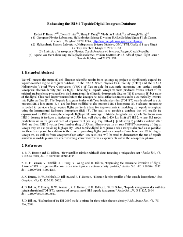(PDF) Enhancing the ISIS‐I Topside Digital Ionogram Database Shing