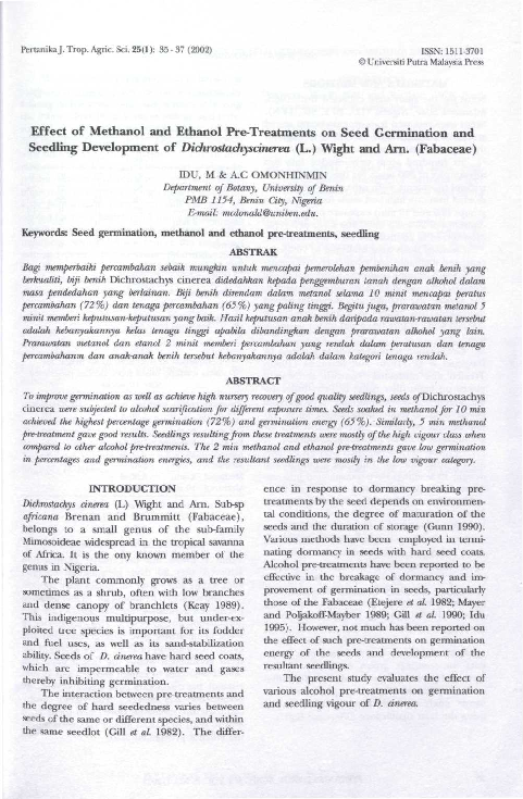 (PDF) Effect of Methanol and Ethanol Pre-Treatments on Seed Germination ...