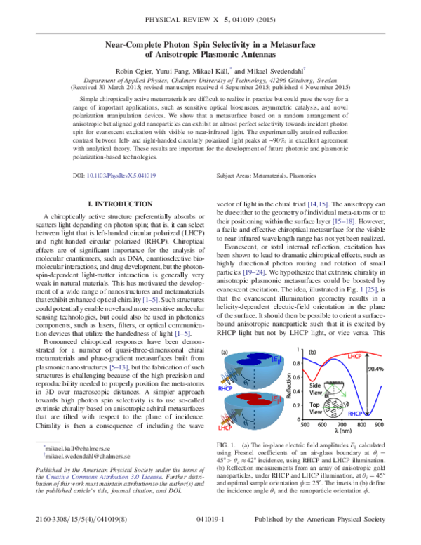 (PDF) Near-Complete Photon Spin Selectivity in a Metasurface of ...