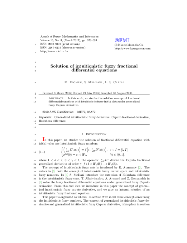 (PDF) Solution of intuitionistic fuzzy fractional differential equations