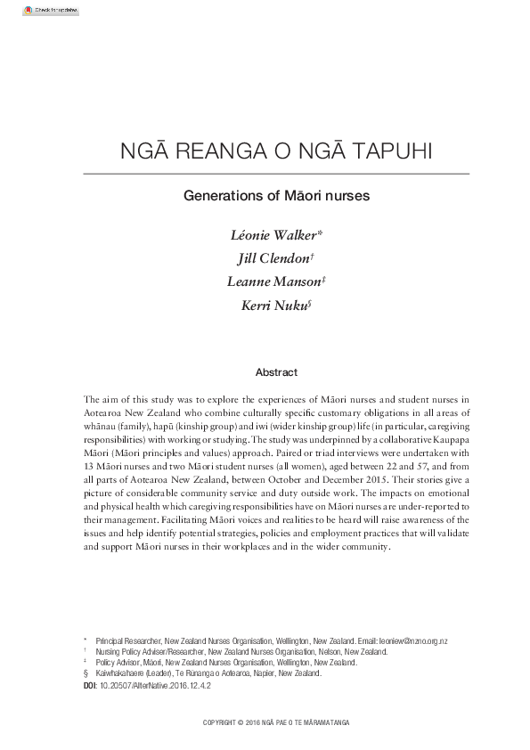 (PDF) Ngā reanga o ngā tapuhi: Generations of Māori nurses