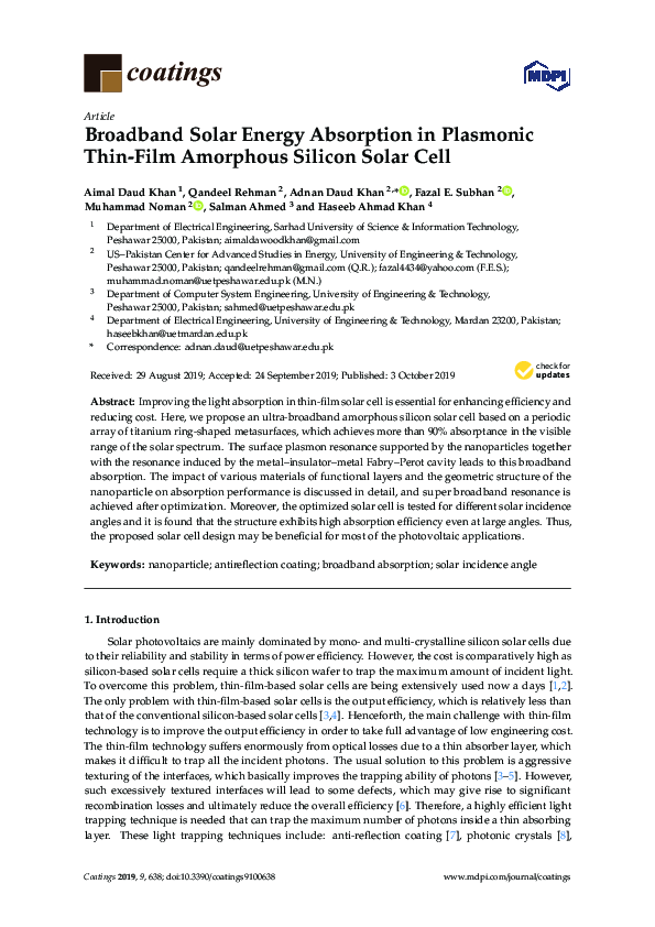 (PDF) Broadband Solar Energy Absorption in Plasmonic Thin-Film ...
