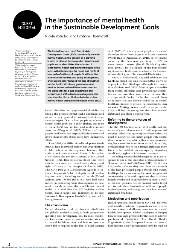 (PDF) The importance of mental health in the Sustainable Development Goals