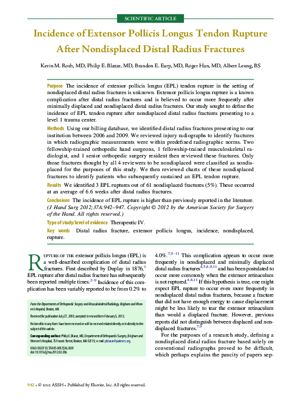 (PDF) Incidence of Extensor Pollicis Longus Tendon Rupture After ...