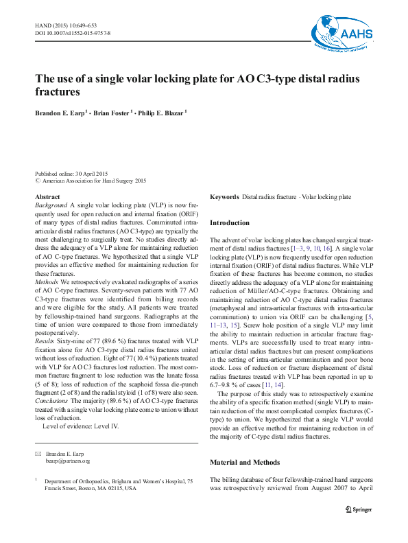 (PDF) The Use of a Single Volar Locking Plate for AO C3-Type Distal ...