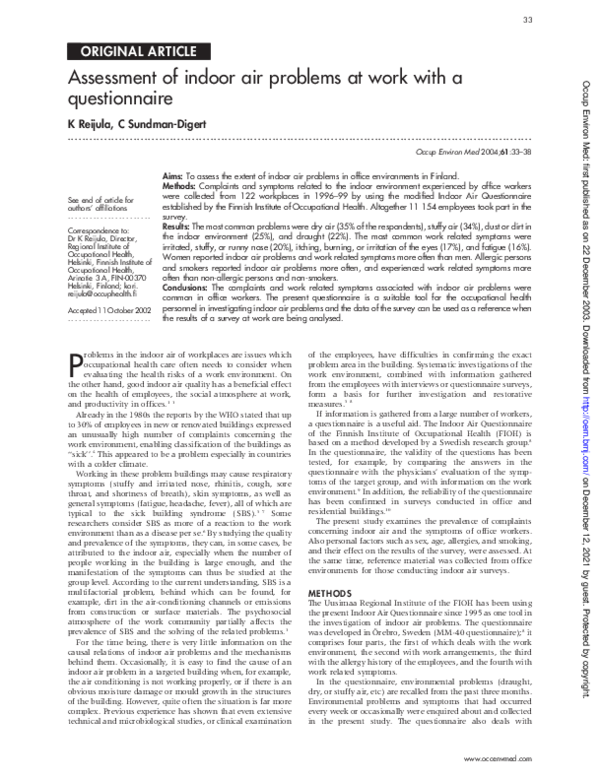 (PDF) Assessment of indoor air problems at work with a questionnaire