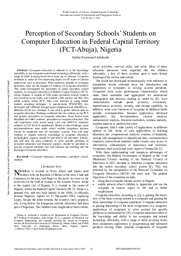 (PDF) Perception Of Secondary Schools' Students On Computer Education ...