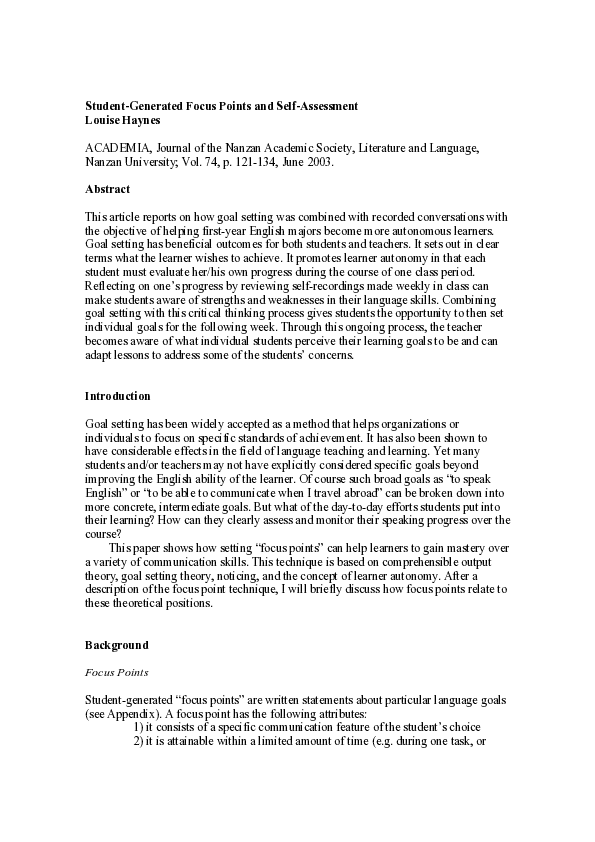 (PDF) Student-Generated Focus Points and Self-Assessment
