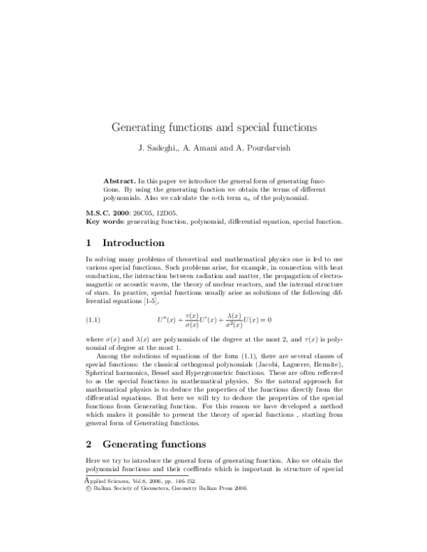 (PDF) Generating functions and special functions