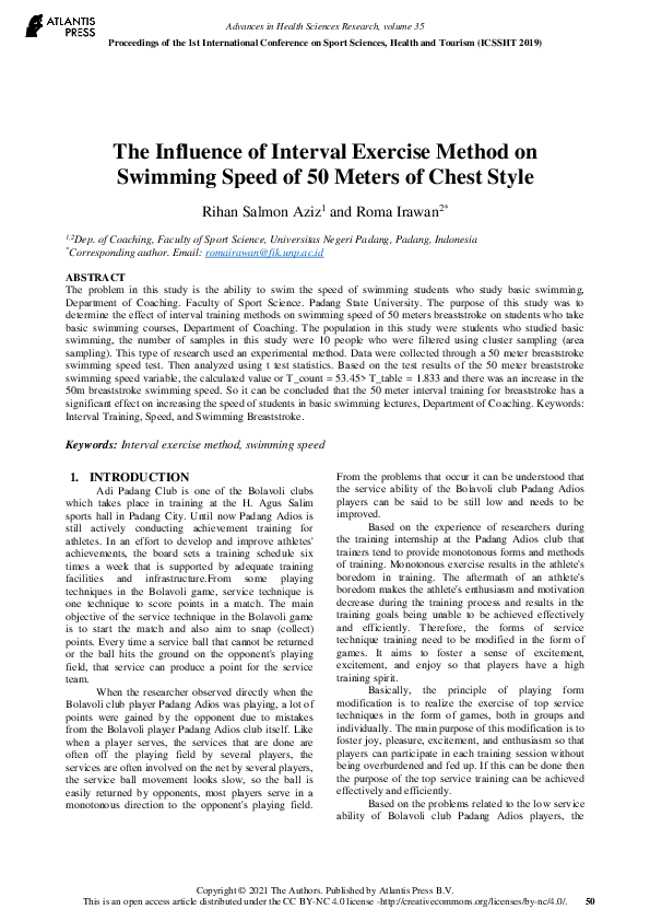 (PDF) The Influence of Interval Exercise Method on Swimming Speed of 50 Meters of Chest Style
