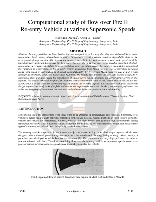 (PDF) Computational study of flow over Fire II Re-entry Vehicle at ...