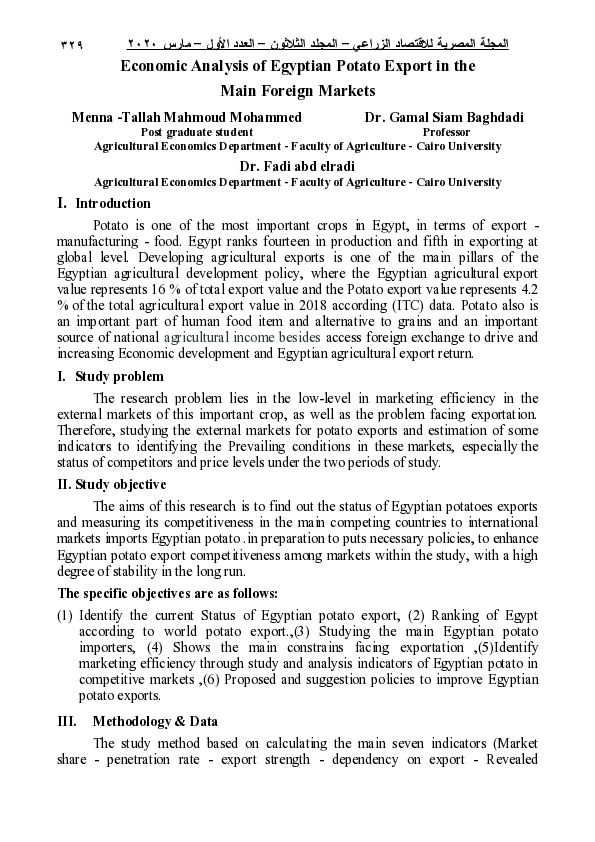 (PDF) Economic Analysis of Egyptian Potato Export in the Main Foreign ...