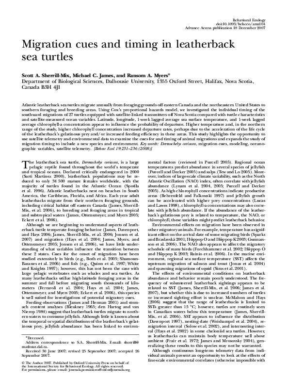 (PDF) Migration cues and timing in leatherback sea turtles