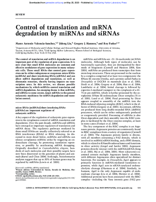 (PDF) Control of translation and mRNA degradation by miRNAs and siRNAs ...