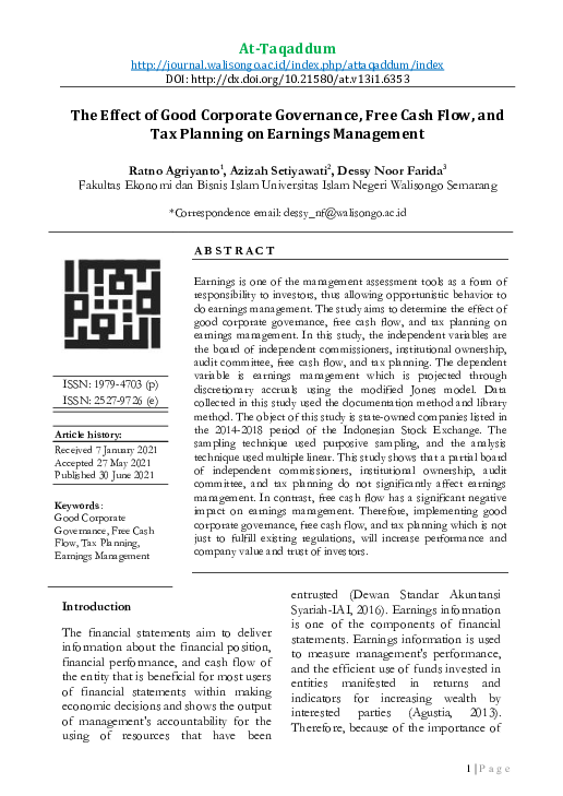 (PDF) The Effect of Good Corporate Governance, Free Cash Flow, and Tax ...