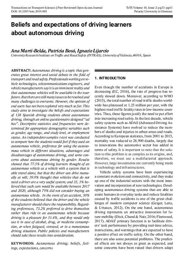 (PDF) Beliefs and expectations of driving learners about autonomous driving