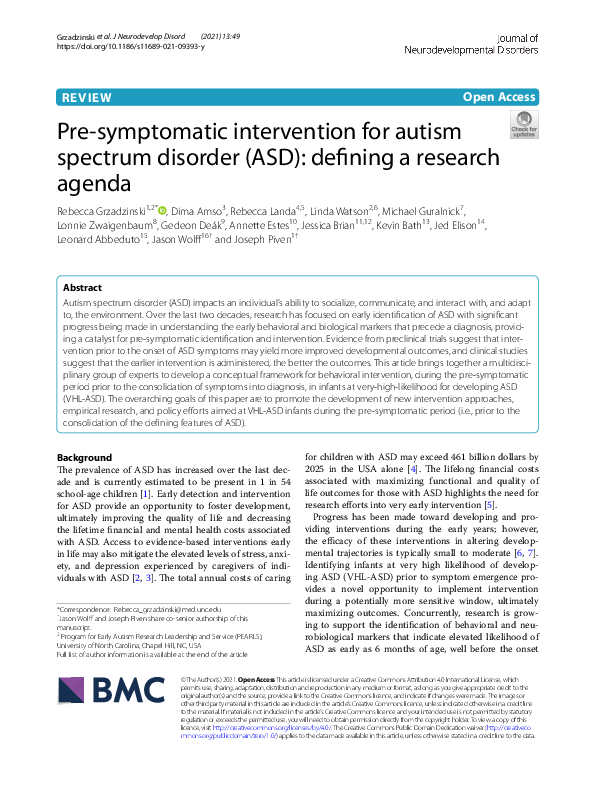 (PDF) Pre-symptomatic intervention for autism spectrum disorder (ASD ...
