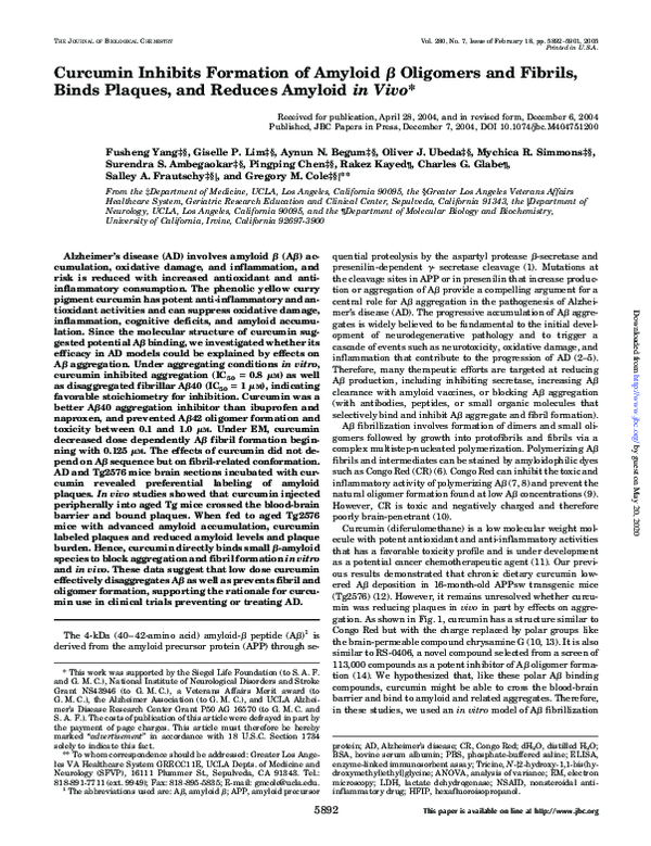 (PDF) Curcumin Inhibits Formation of Amyloid β Oligomers and Fibrils ...