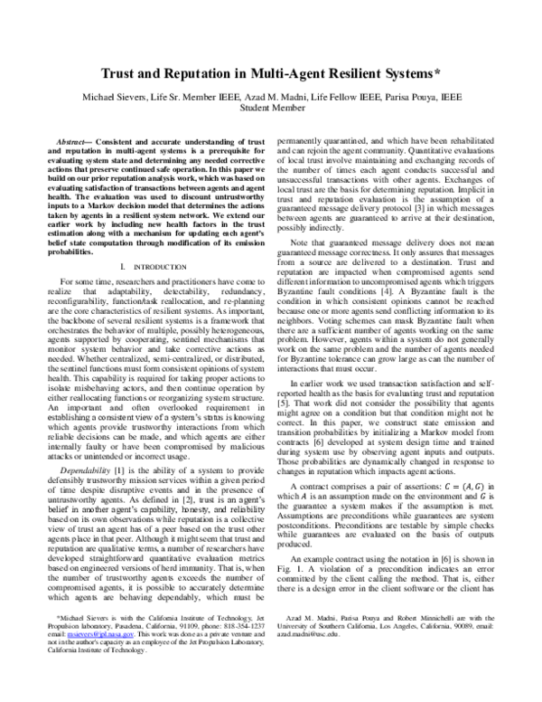 (PDF) Modeling Trust and Reputation in Multiagent Systems