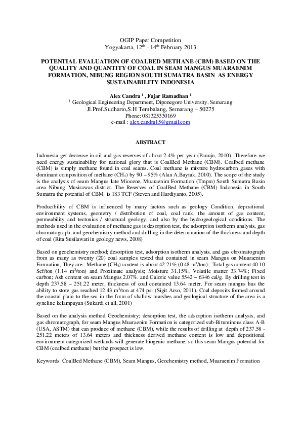 (PDF) POTENTIAL EVALUATION OF COALBED METHANE (CBM) BASED ON THE ...