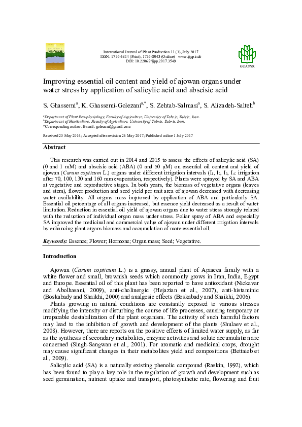 (PDF) Improving essential oil content and yield of ajowan organs under