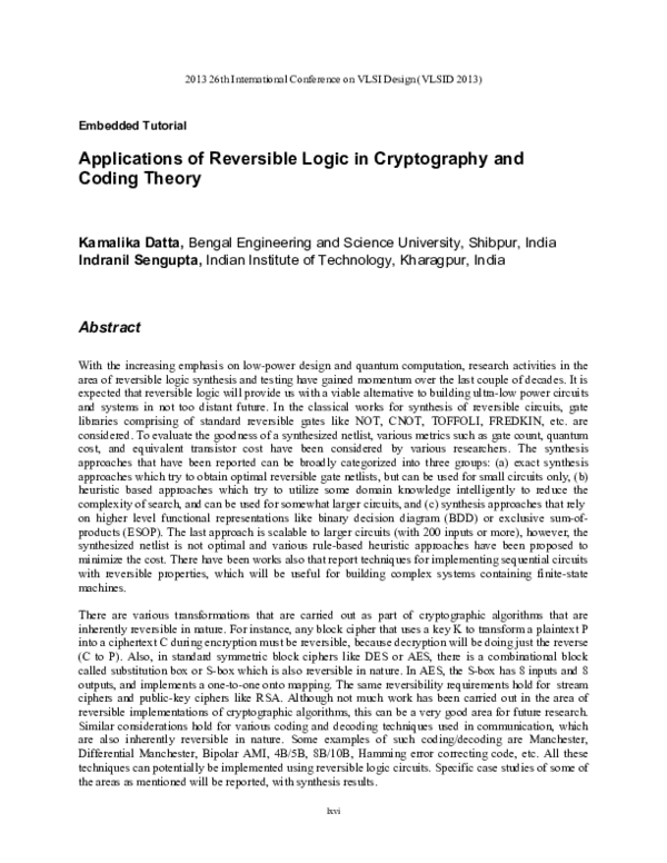 (PDF) Embedded tutorial: Applications of reversible logic in ...