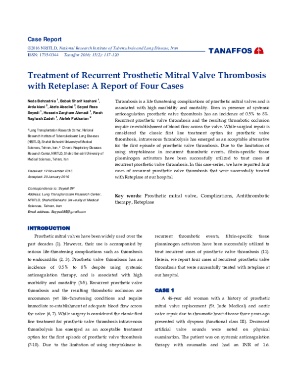 (PDF) Treatment of Recurrent Prosthetic Mitral Valve Thrombosis with ...