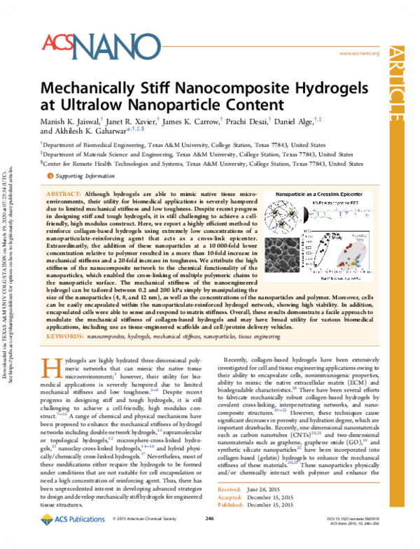 (PDF) Mechanically Stiff Nanocomposite Hydrogels at Ultralow ...