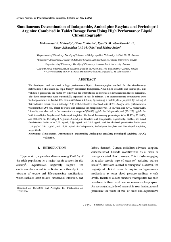 (PDF) Simultaneous Determination of Indapamide, Amlodipine Besylate and ...