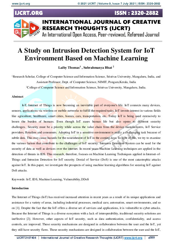(PDF) A Study on Intrusion Detection System for IoT Environment Based ...
