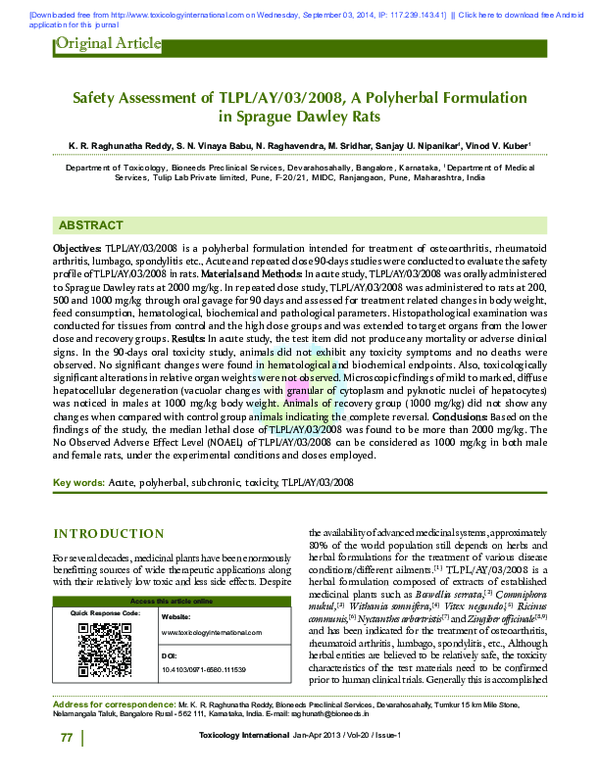 (PDF) Safety assessment of tlpl/ay/03/2008, a polyherbal formulation in ...