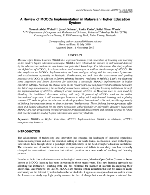 (PDF) A Review of MOOCs Implementation in Malaysian Higher Education System