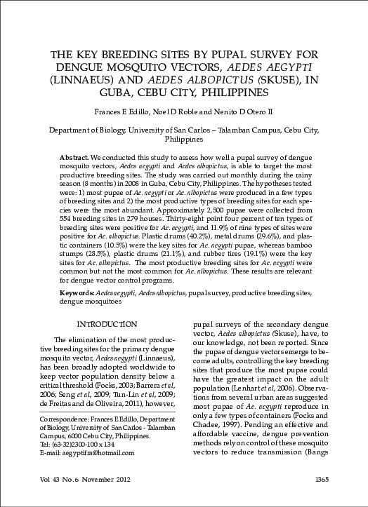 (PDF) The key breeding sites by pupal survey for dengue mosquito ...