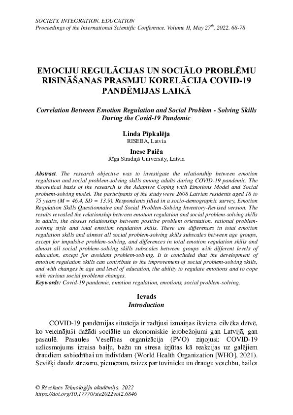 (PDF) Correlation Between Emotion Regulation and Social Problem ...