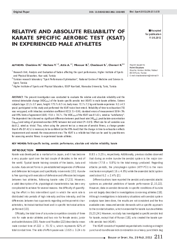 (PDF) Relative and Absolute Reliability of Karate Specific Aerobic Test ...