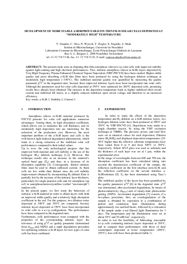 (PDF) Development of More Stable Amorphous Silicon Thin Film Solar ...