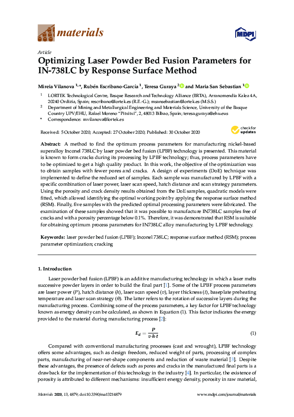 (PDF) Optimizing Laser Powder Bed Fusion Parameters for IN-738LC by ...