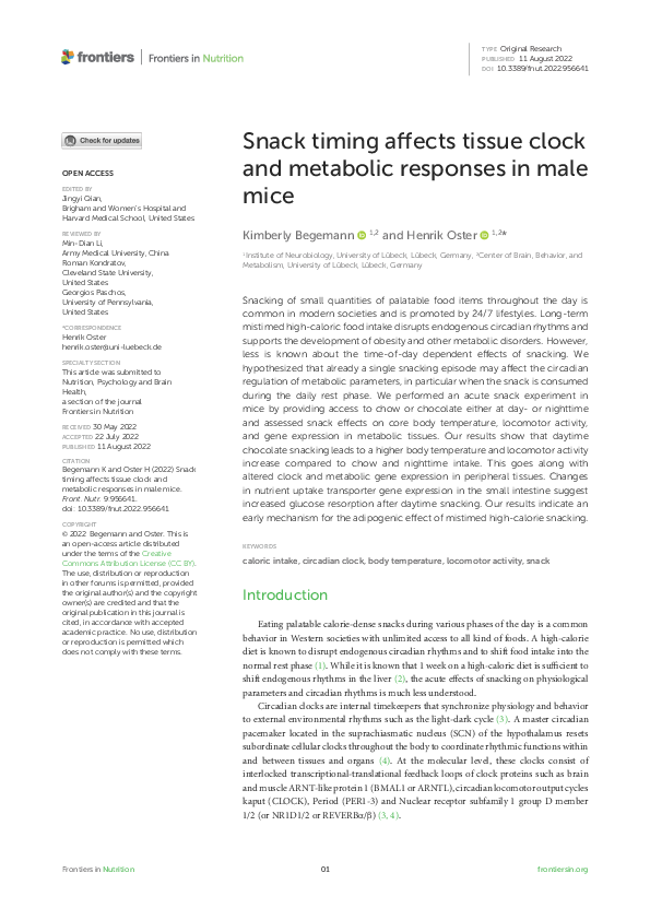 (PDF) Snack timing affects tissue clock and metabolic responses in male ...