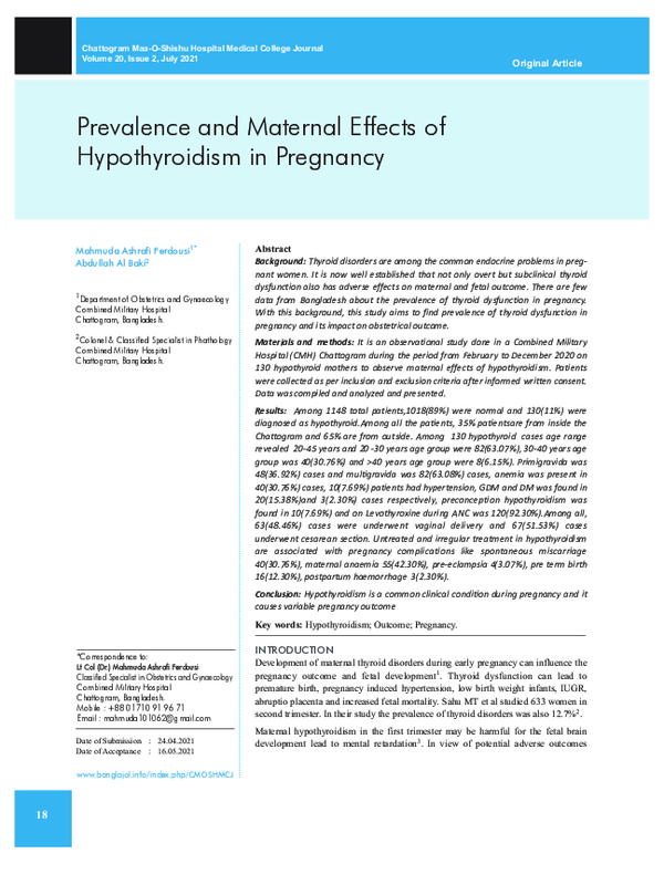 (PDF) Prevalence and Maternal Effects of Hypothyroidism in Pregnancy